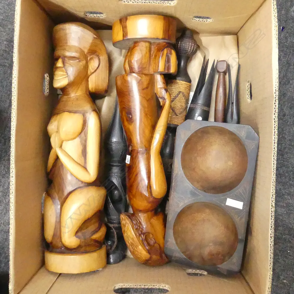 2 FIJI ISLAND CARVED FIGS H460MM WOOD BOWL L280MM & 5 CANNIBAL FORKS Image 1++