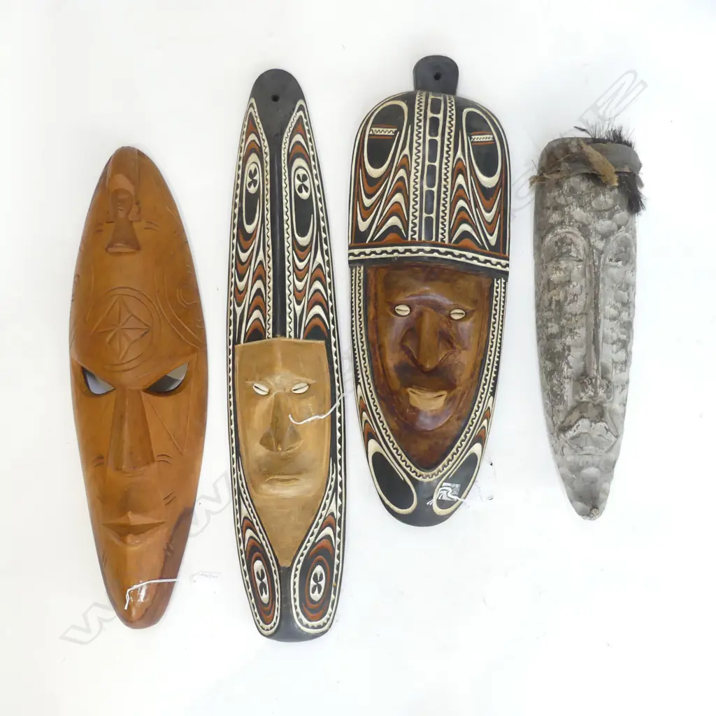 4 CARVED WOOD FACE MASKS 2 PNG H720MM 1 TONGA H590MM & 1 INDONESIAN H460MM Image 1++