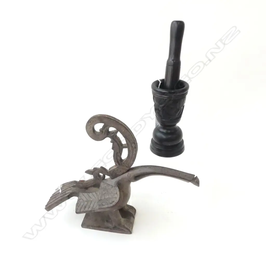 AFRICAN HARDWOOD PESTAL & MORTARH260MM& HORNBILL DEITY H250MM Image 1++