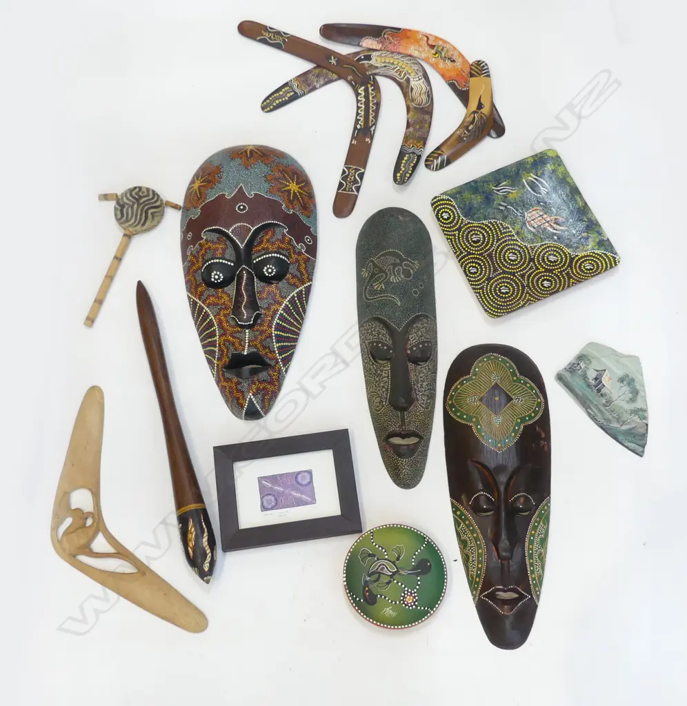 BOX OF ABORIDGINAL HAND PAINTED MASKS BOOMARANGS DISHES ETC Image 1++