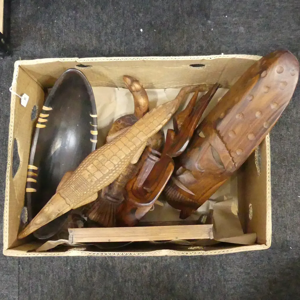 BOX LOT 2 CARVED WOOD MASKS CROC & BIRD CARVINGS POTTERY BOWL ETC Image 1++