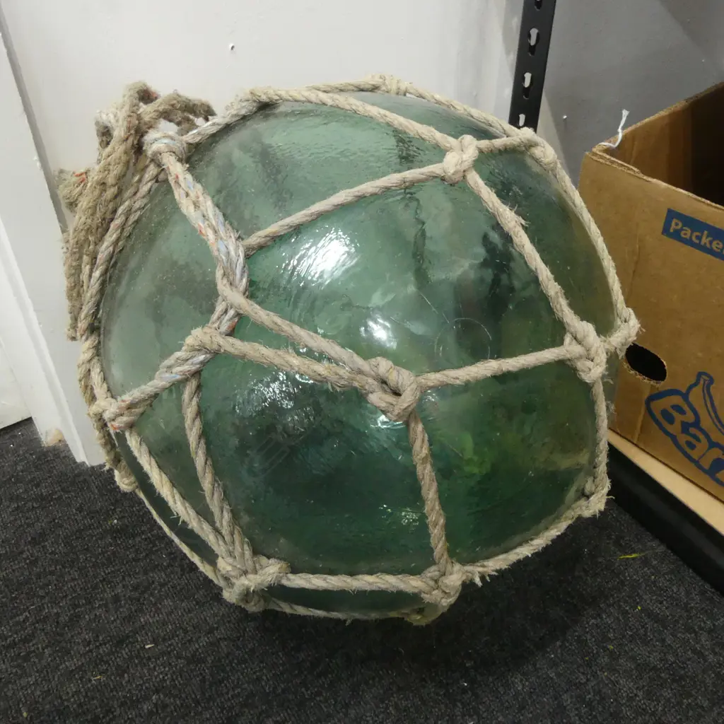 OLD GLASS FISHING FLOAT WITH NETTING hand blown APPROX. Dia.400mm Image 1++