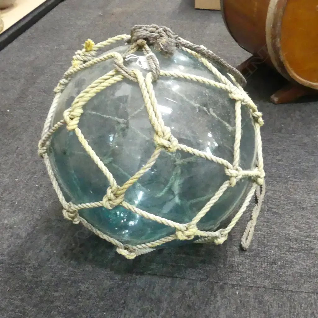 OLD GLASS FISHING FLOAT WITH NETTING hand blown APPROX. Dia.300mm Image 1++