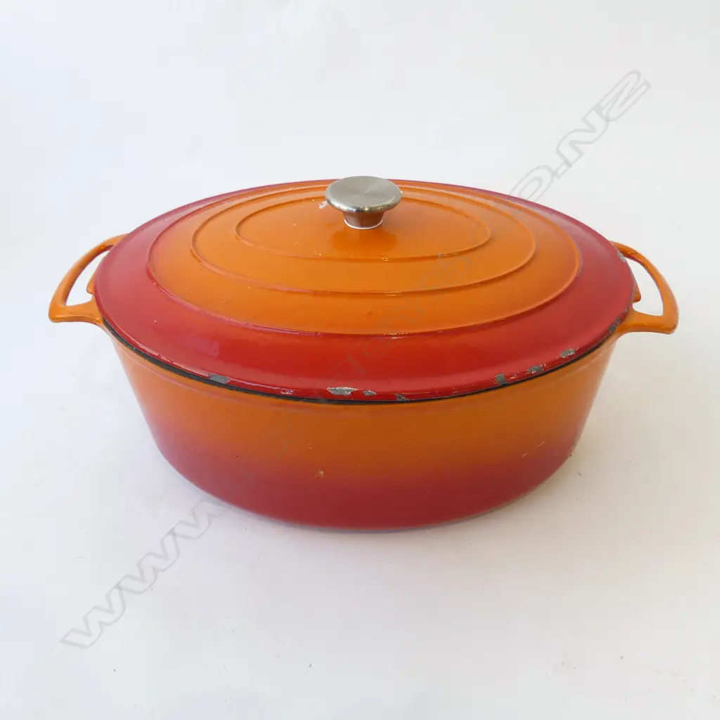 LG STEVENS ORANGE ENAMELED CAST IRON LIDDED CASSEROLE 430x280mm (LID CHIPPED) Image 1++