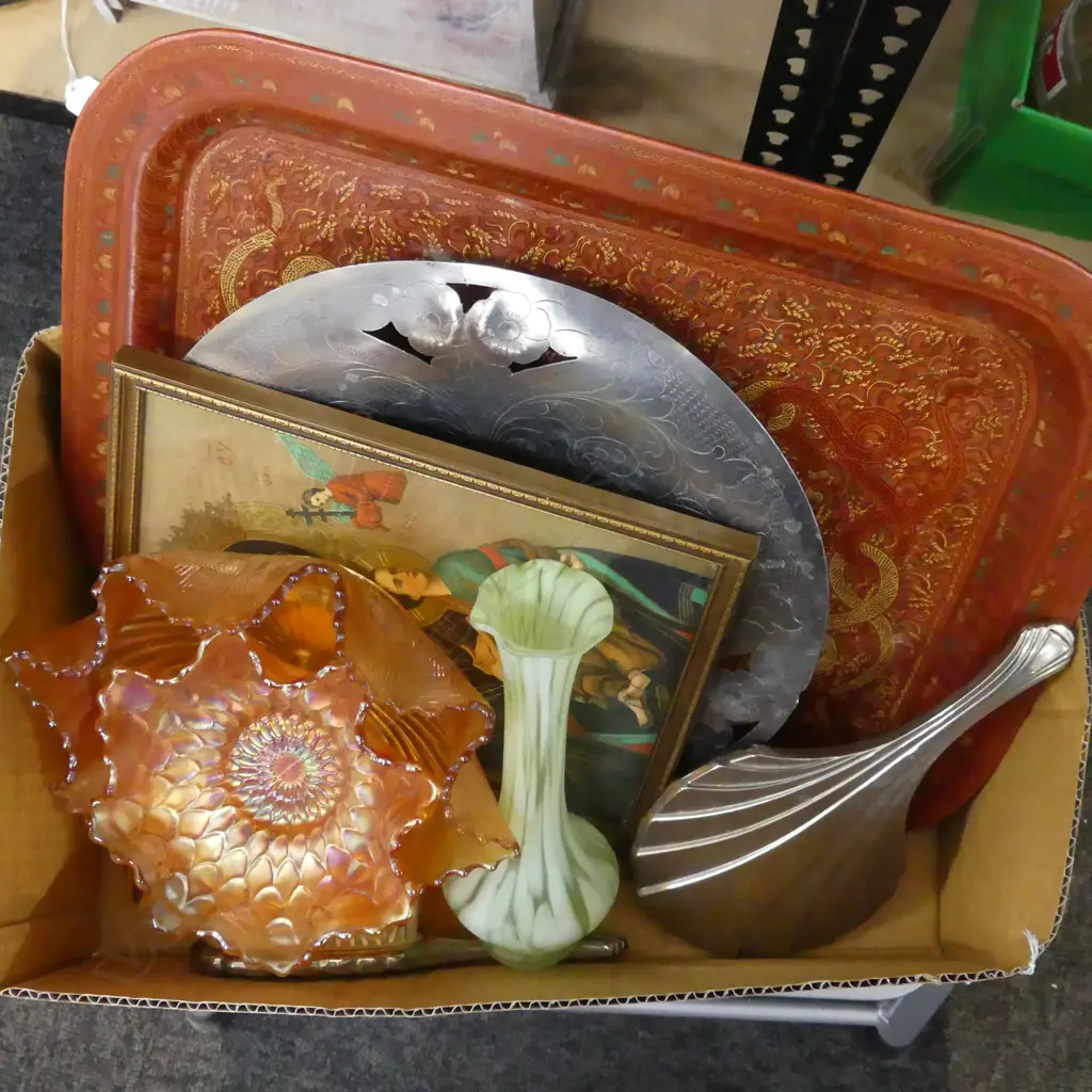 LACQUER TRAY 330x440mm, METAL DISH, 2 CARNIVAL GLASS BOWLS, RUSSIAN RELIGIOUS PRINT ETC Image 1++