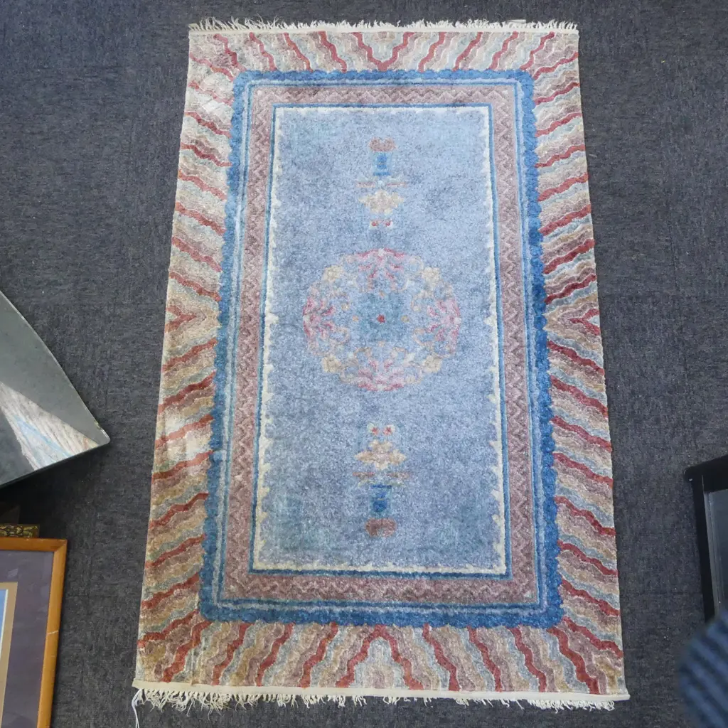 CHINESE SILK RUG PINKS & BLUE TONES L1120 W750MM Image 1++