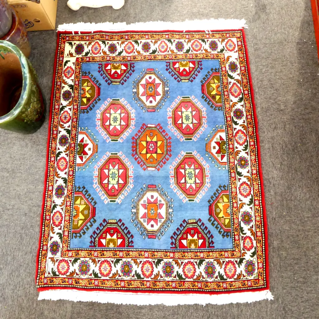 HAND KNOTTED PERSIAN YALAMEH RUG octagonal medallions on blue ground wool on cotton 1440 x 1110mm Image 1++