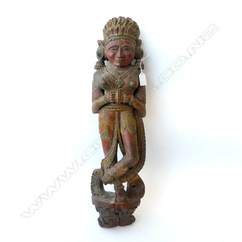 ANTIQUE INDIAN CARVED WOODEN TEMPLE FIGURE FROM BHAMAGAR GUJARAT, H.570mm Image 1++