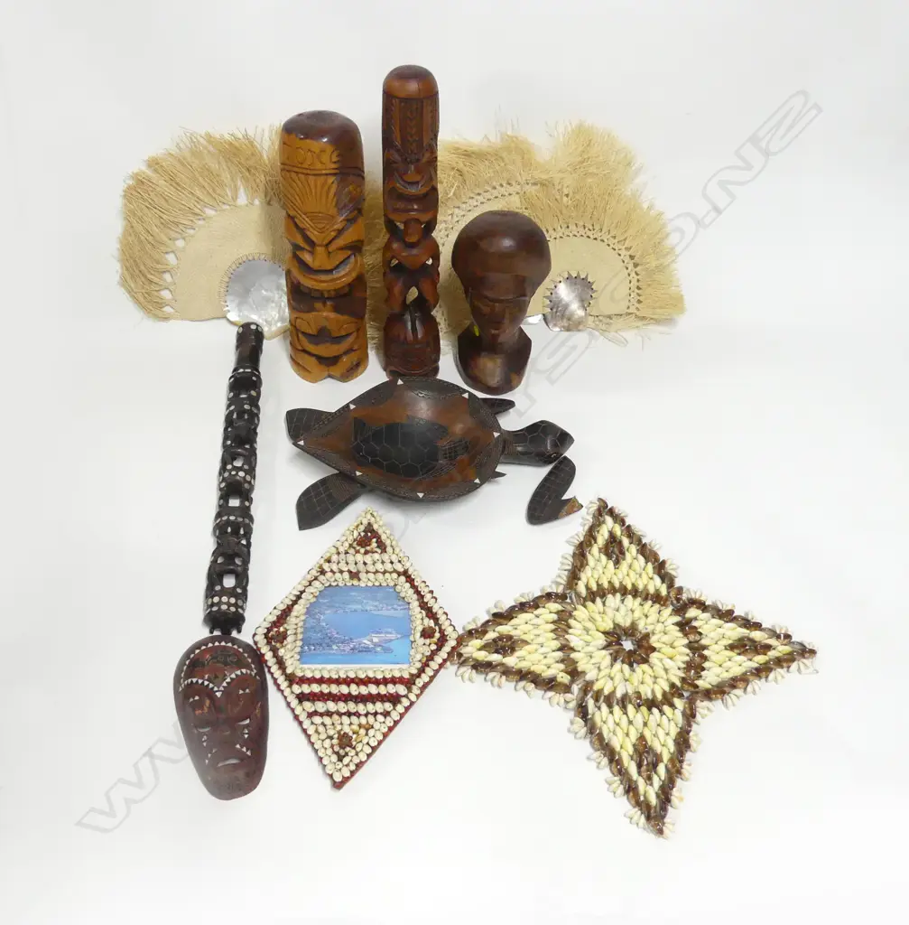 BOX LOT PACIFIC ISLAND WOOD CARVINGS  SHELL & FIBER WEAVINGS Image 1++
