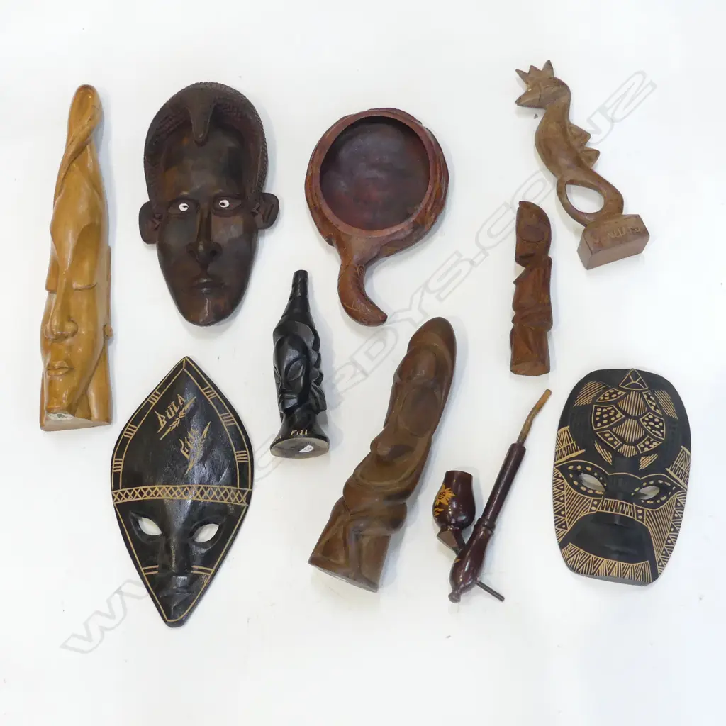BOX  OF 10 CARVED WOOD PACIFIC ISLANDE MASKS FIGURES BOWLS ETC Image 1++