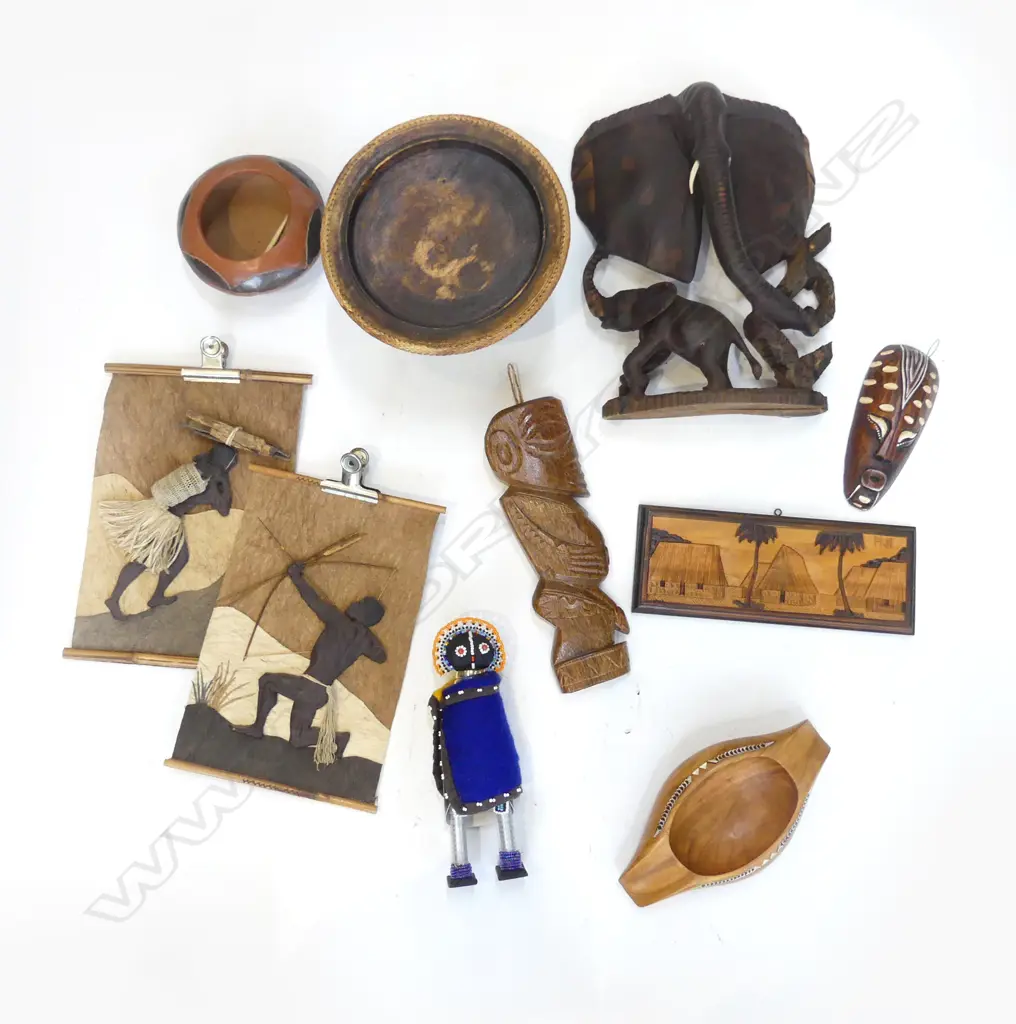BOX LOT E;LEPHANT CARVING BARK PICTURES AFRICAN POTTERY ETC Image 1++