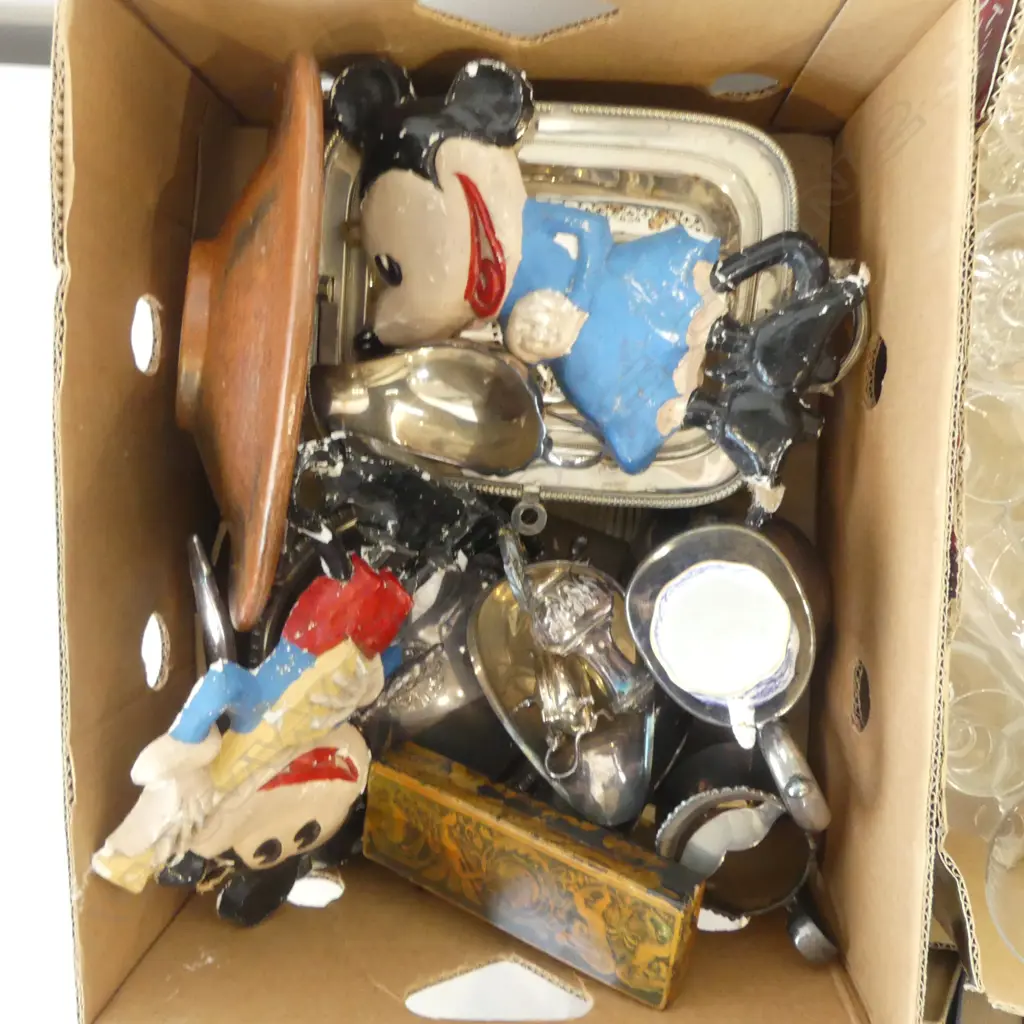 ASST. SILVER PLATE INCL. BACON WARMER, MICKEY & MINNIE MOUSE PLASTER WALL ART ETC Image 1++