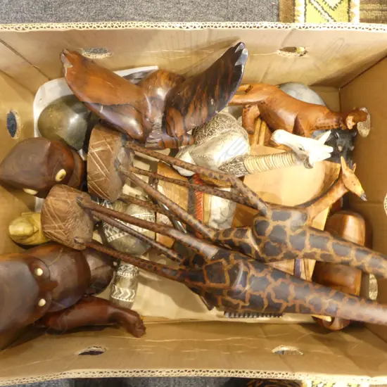 BOX LOT AFRICAN WOOD CARVINGS ANIMALS ETC