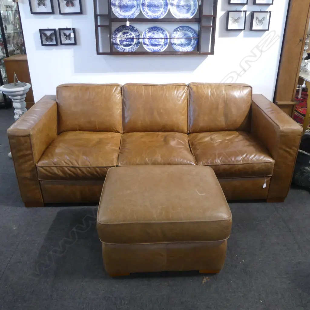 QUALITY LEATHER THREE SEATER SOFA 2150x950x800mm OTTOMAN 750x600x450mm Image 1++