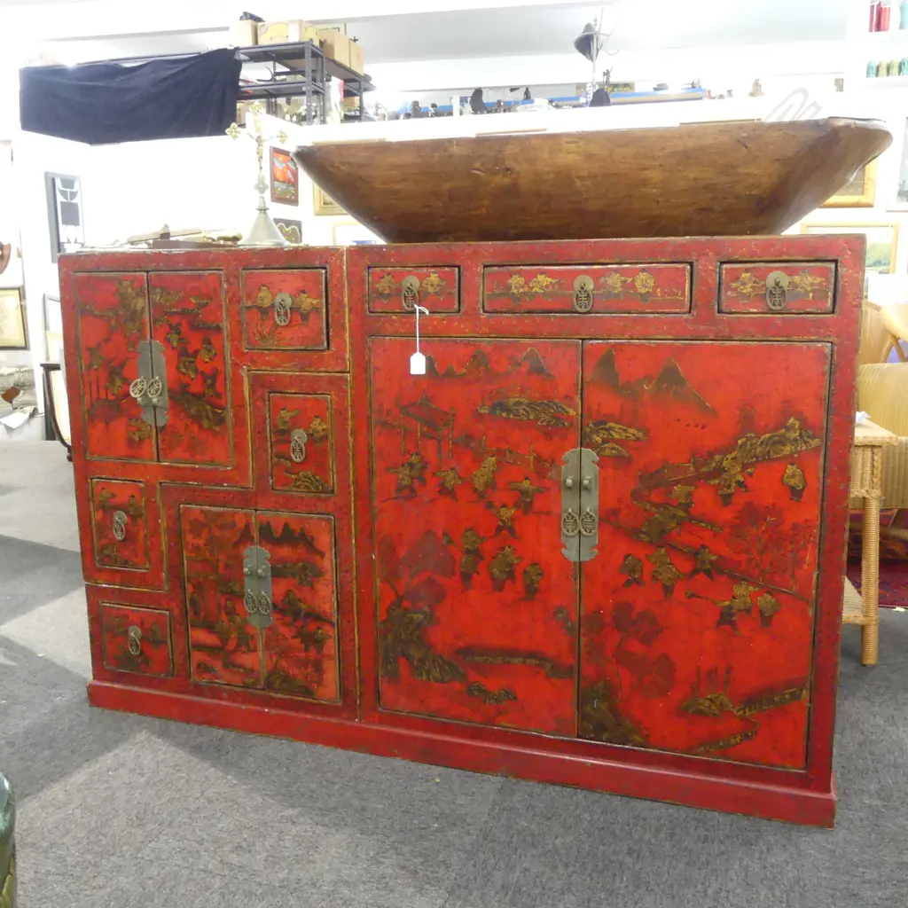 CHINESE 2 SECTION STEP CHEST decorated red lacquer. Converting to a rectangular cabinet 1500x520x955mm Image 1++