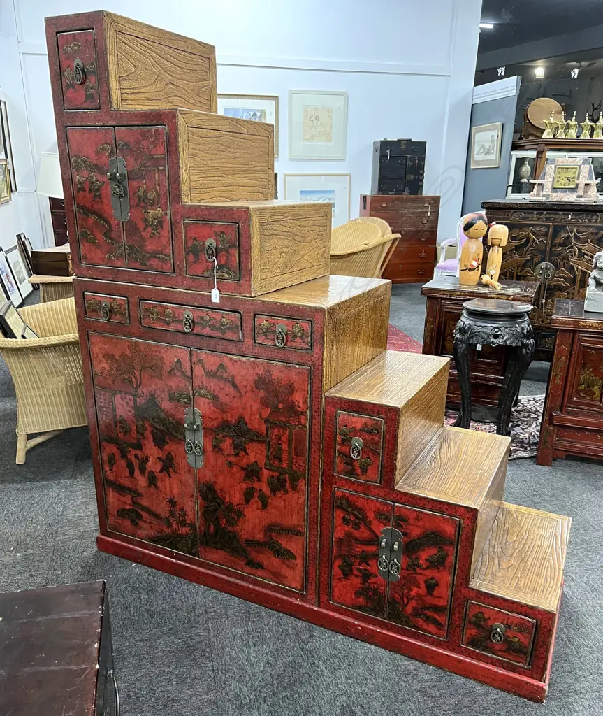 CHINESE 2 SECTION STEP CHEST decorated red lacquer. Converting to a rectangular cabinet 1500x520x955mm Image 1++