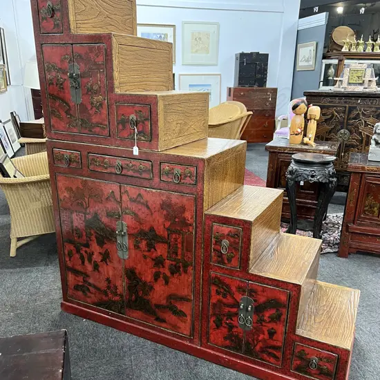 CHINESE 2 SECTION STEP CHEST decorated red lacquer. Converting to a rectangular cabinet 1500x520x955mm
