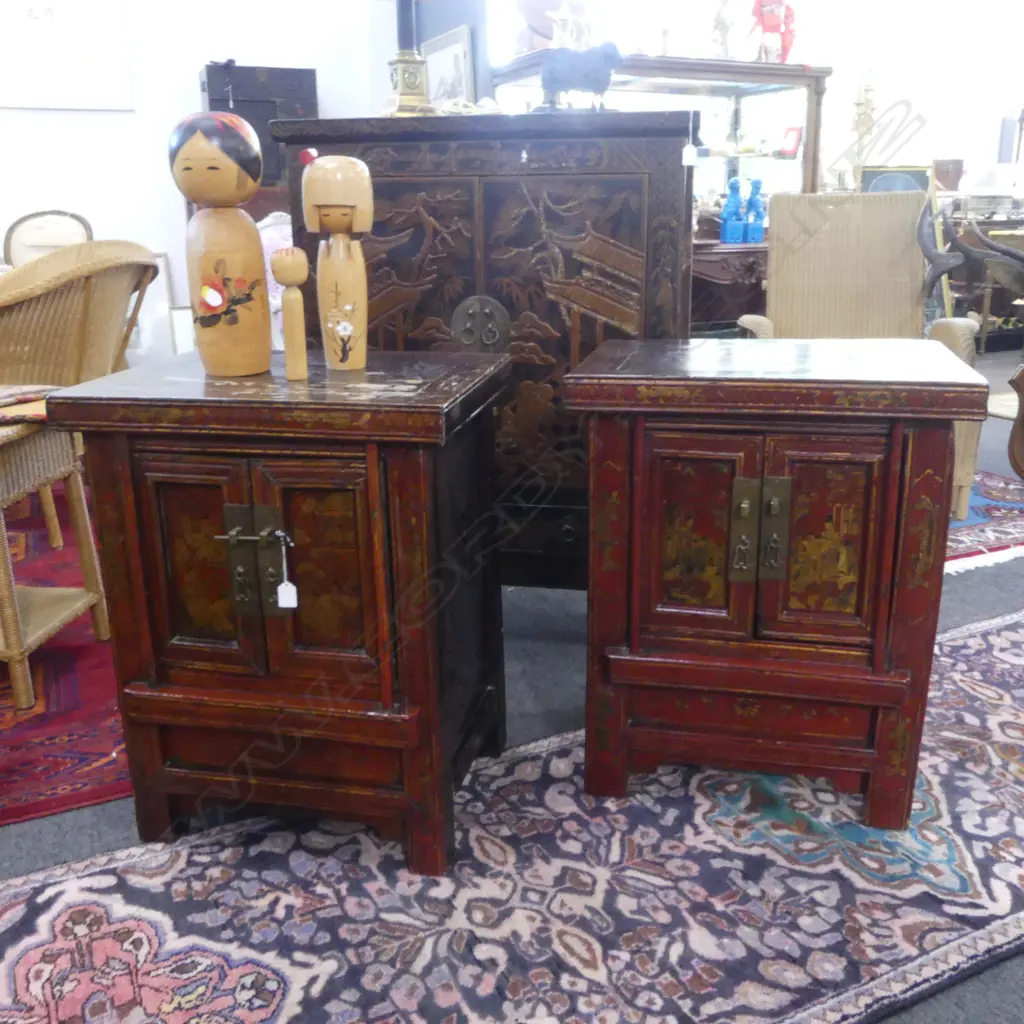 PR ORIENTAL BEDSIDE CABINETS (1 w. TOP WORN & PIN MISSING) 560x425x715mm Image 1++