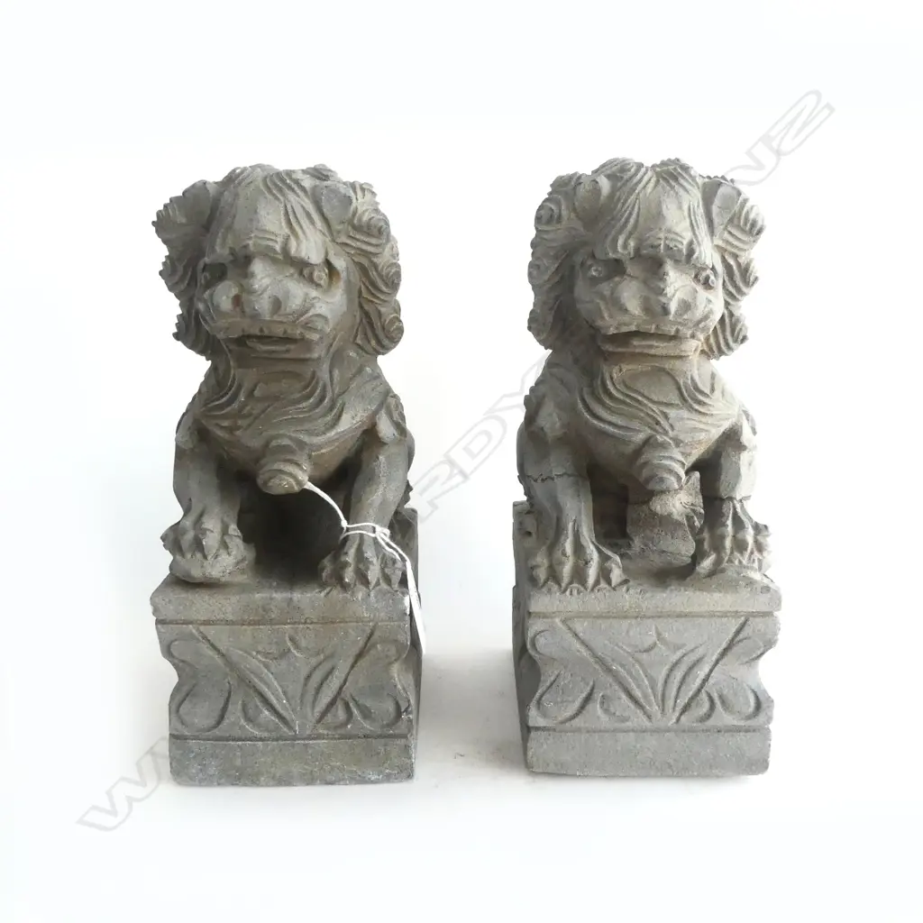 PR HEAVY CARVED STONE CHINESE FU DOGS on plinth bases H.250mm Image 1++