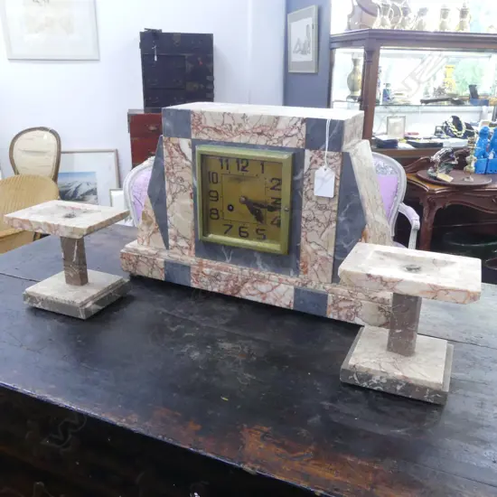 FRENCH DECO MARBLE MANTLE CLOCK GARNITURE 400x115x255mm
