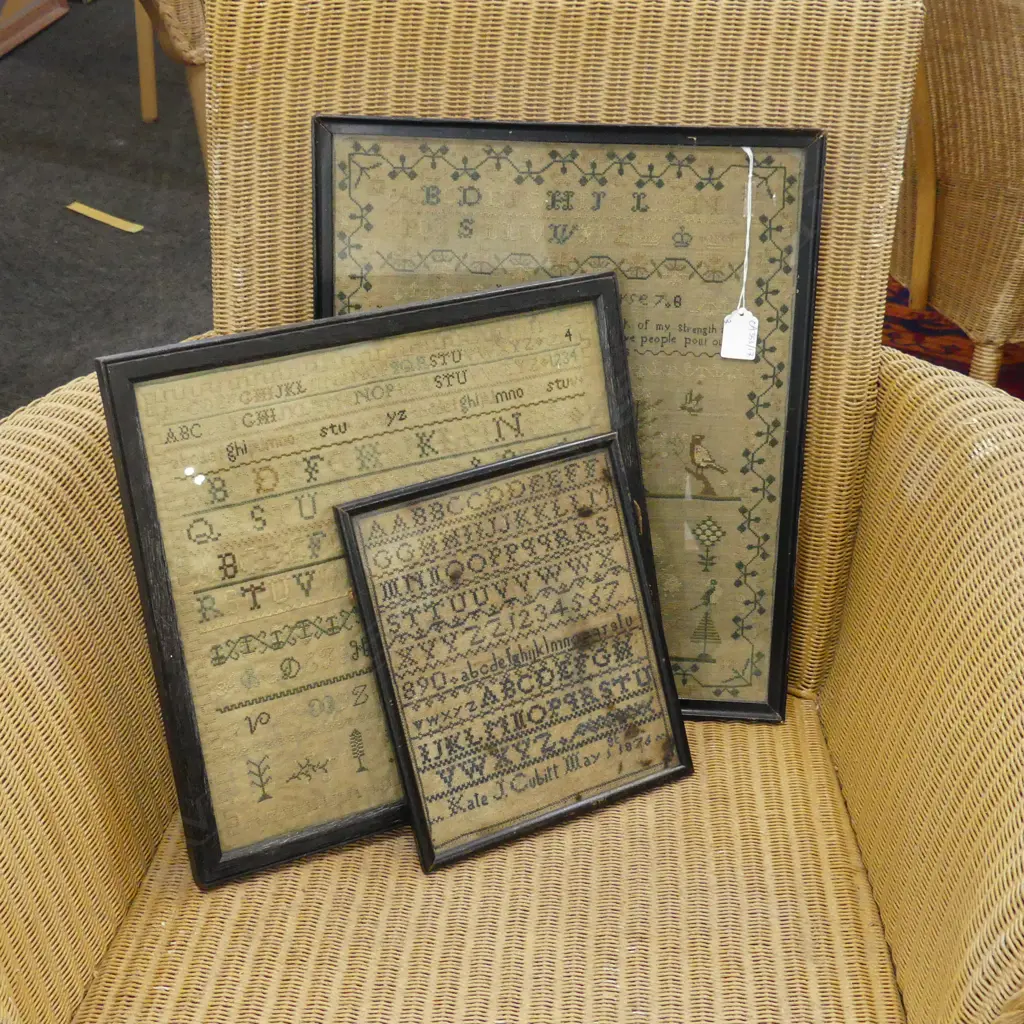 3 ANTIQUE SAMPLERS; ANN PEARSON 410x330mm, EMMA COYLES, KATE CUBITT Image 1++