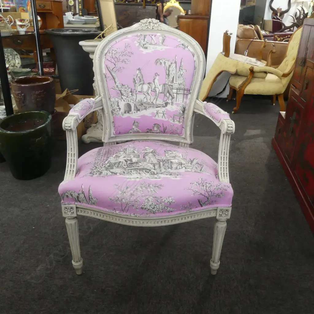 FRENCH STYLE ARMCHAIR IN PINK TOILE DE JOUY UPHOLSTERY Image 1++