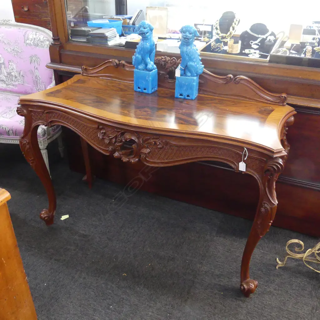 20thC REPRODUCTION FRENCH STYLE CONSOLE TABLE carved frieze cross-banded  W.1200. D,500mm. H.900mm. By J. Micheloudakis Image 1++