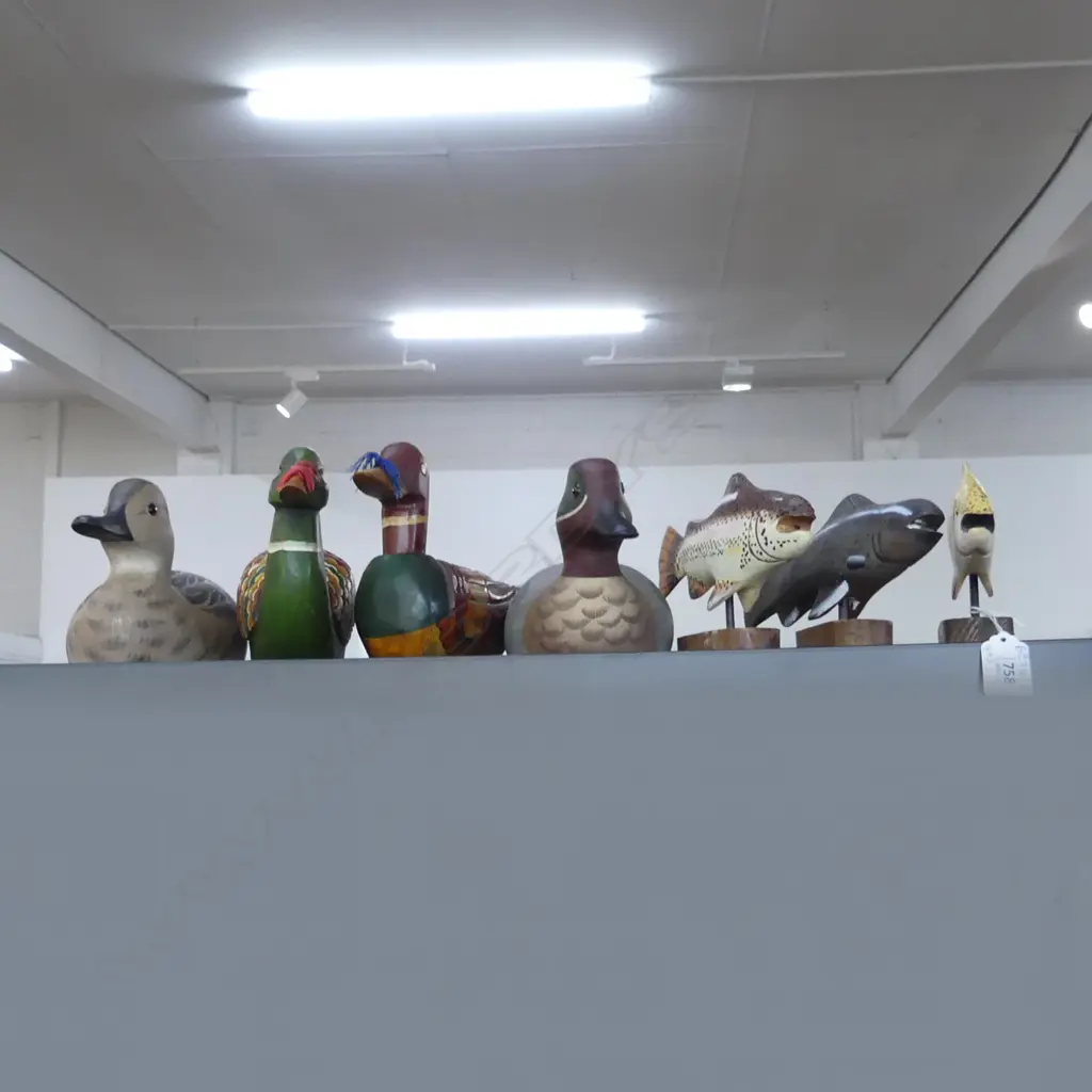 4 PAINTED CARVED WOODEN DUCKS (2 HORNICK BROS. VIRGINIA 1 REPAIRED) L.250mm + 3 FISH Image 1++