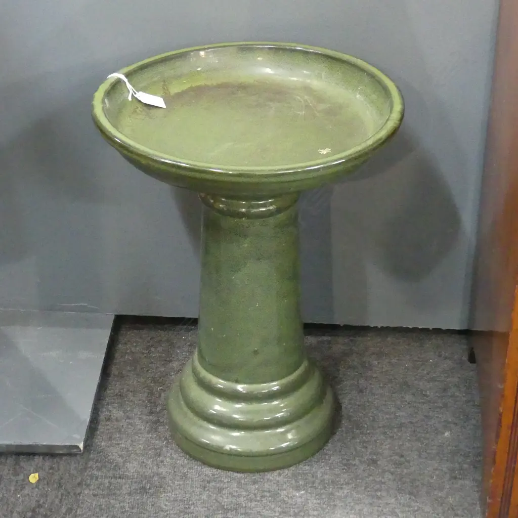 2 PART GREEN GLAZED BIRD BATH 345mm dia Image 1++