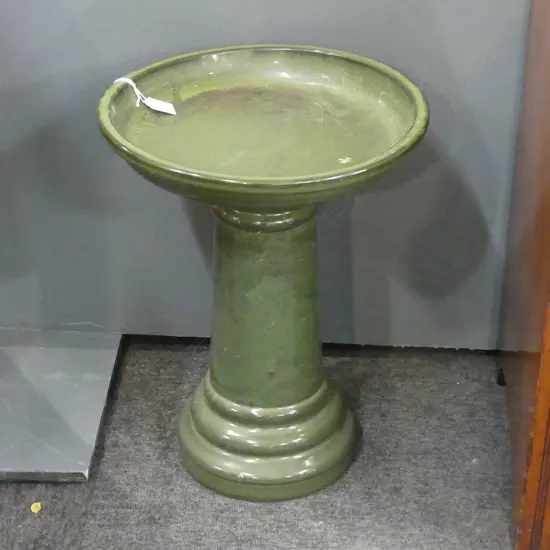 2 PART GREEN GLAZED BIRD BATH 345mm dia