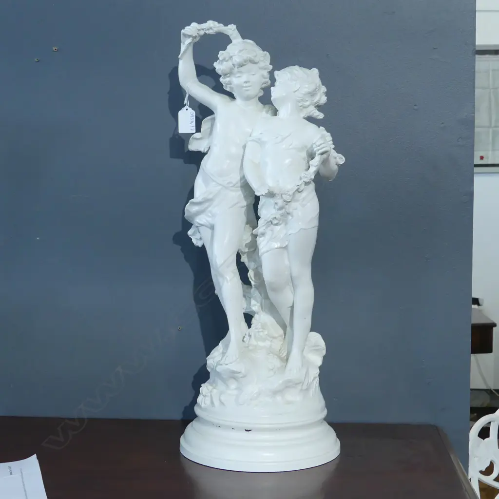 LG WHITE PAINTED RESIN FIGURINE; 2 CHILDREN H.580mm Image 1++