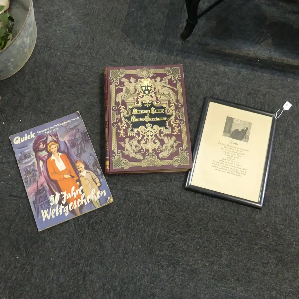 3 GERMAN PCES; LG LATE 19thC BOOK OF PRINTS 'MODERNE KUNST IN MEISTER-HOLZSCHNITTEN' H.415mm, 1950 MAGAZINE, MUTTER POEM Image 1++