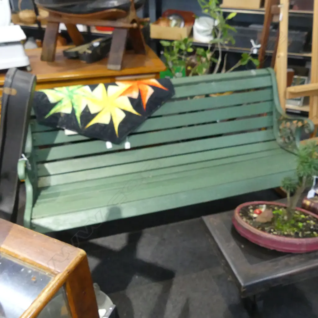 GREEN PAINTED GARDEN BENCH, CAST IRON ENDS W.1440mm Image 1++