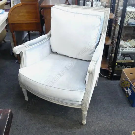 FRENCH STYLE ARMCHAIR w. PALE BLUE VELVET UPHOLSTERY 790x750x955mm