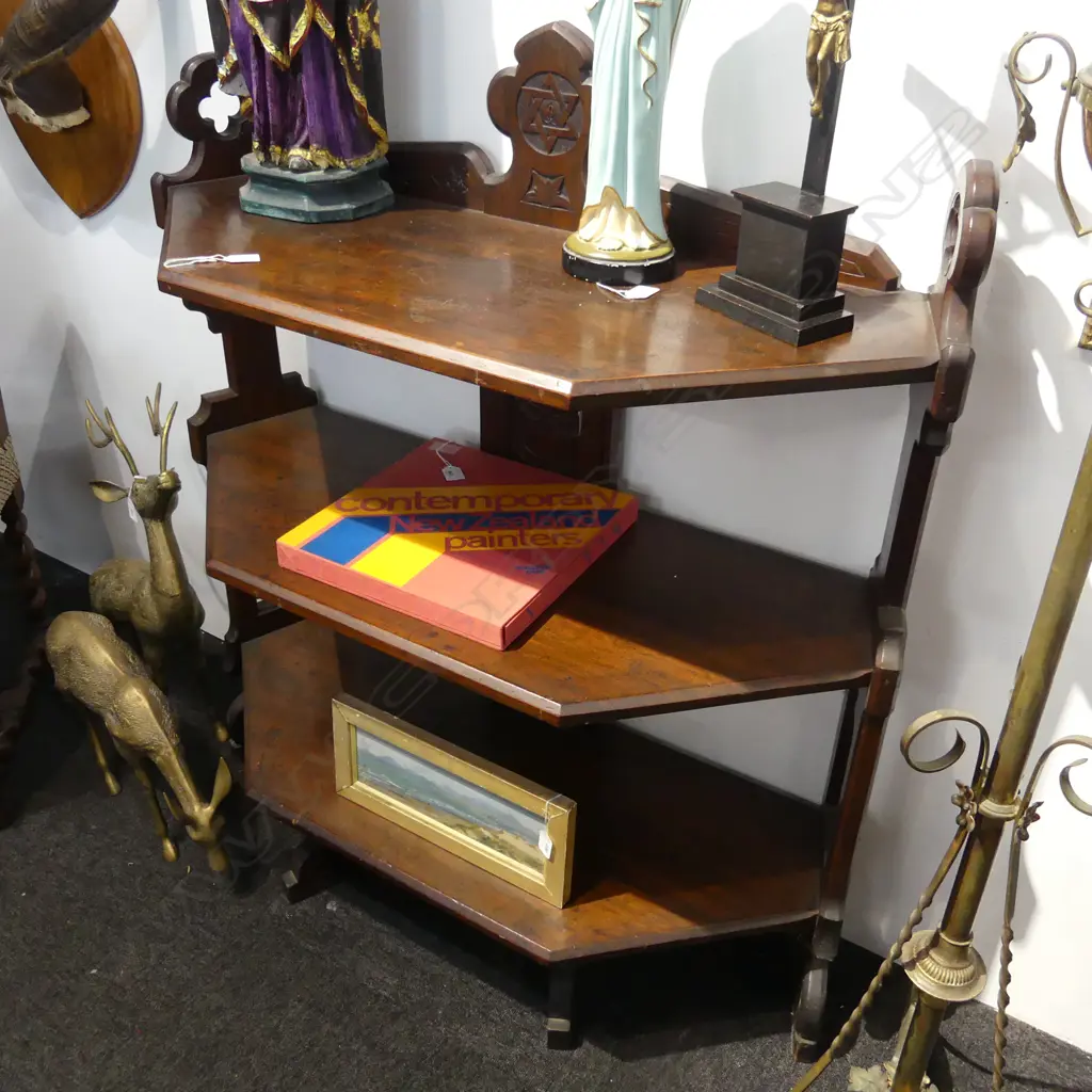 VICTORIAN ECCLESIASTICAL 3 TIER DISPLAY SHELF, DARK STAINED KAURI 1030x400x1150mm Image 1++