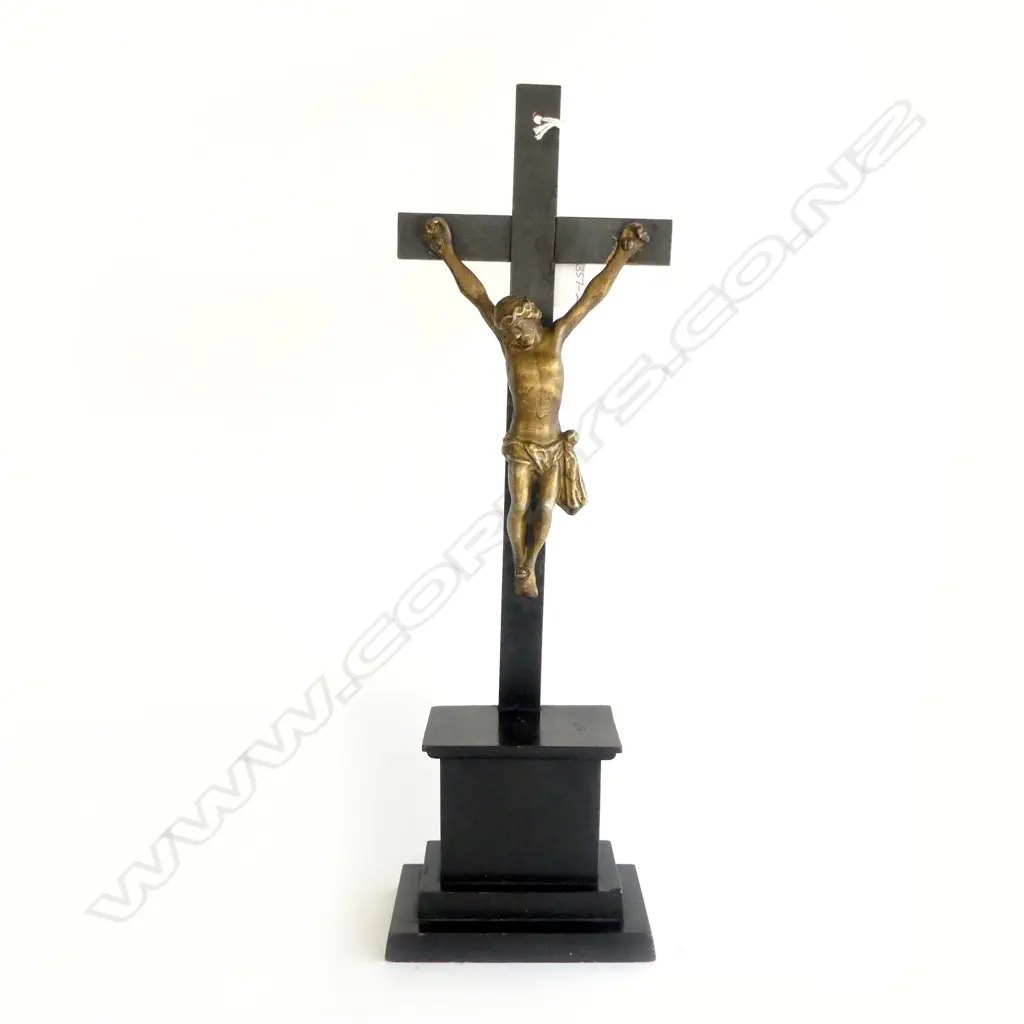 VINTAGE BLACK CRUCIFIX w BRONZE PAINTED CHRIST, H.430mm Image 1++