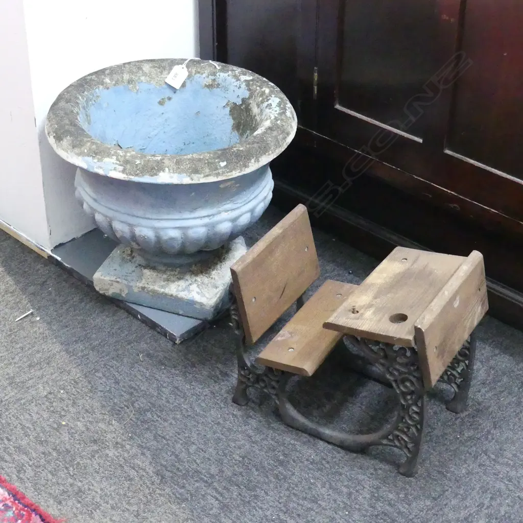 CONCRETE GARDEN PLANTER 360mm dia + DOLL SIZED SCHOOL DESK Image 1++