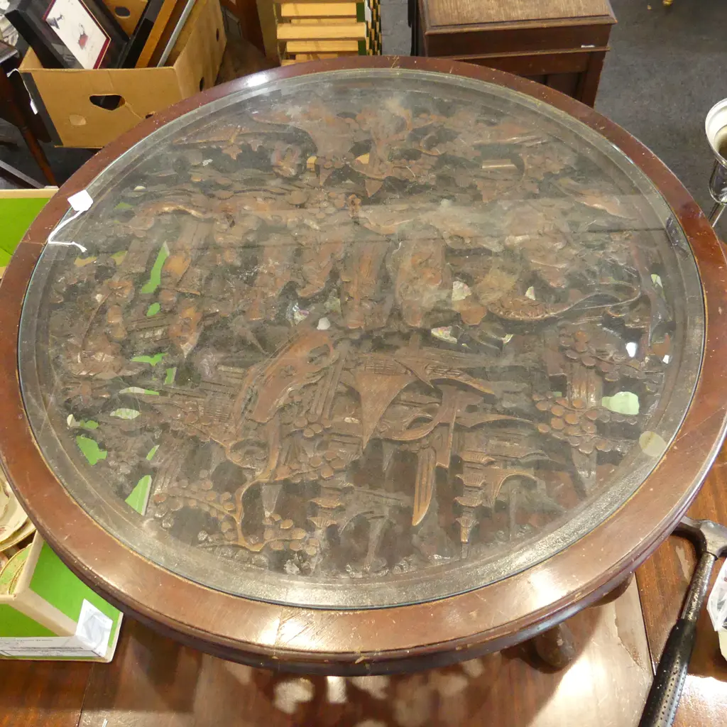 ORIENTAL CARVED WOODEN COFFEE TABLE, GLASS TOP 830mm dia Image 1++