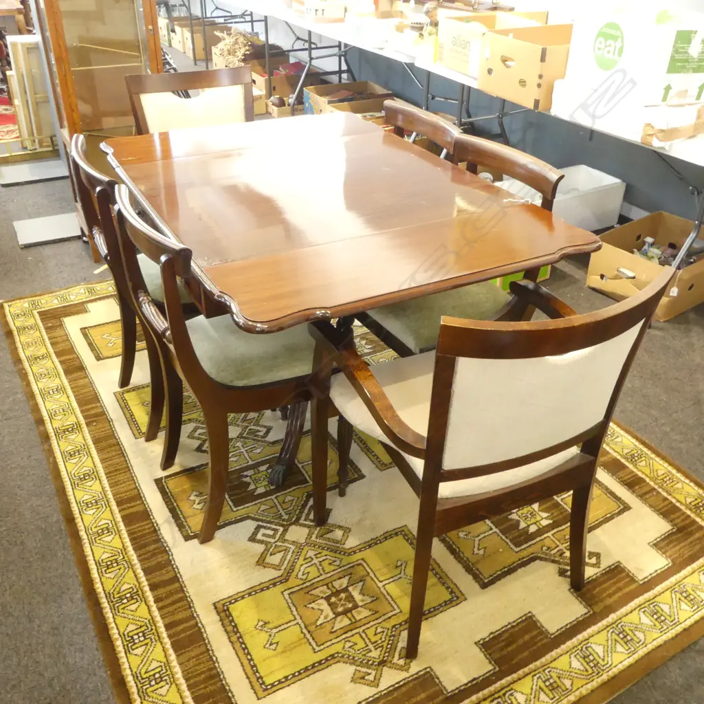 REGENCY STYLE DROPSIDE PEDESTAL DINING TABLE w. 6 CHAIRS (2 CARVERS) Image 1++