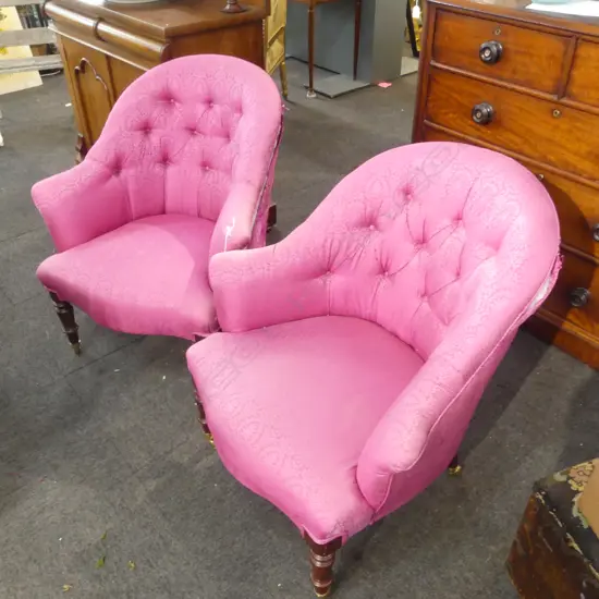 PR VICTORIAN BUTTON BACK TUB CHAIRS IN PINK UPHOLSTERY (FABRIC LOOSE)
