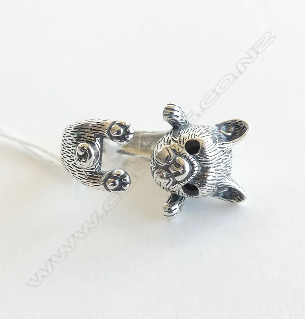SILVER FRENCH BULLDOG RING black enamel eyes Image 1++