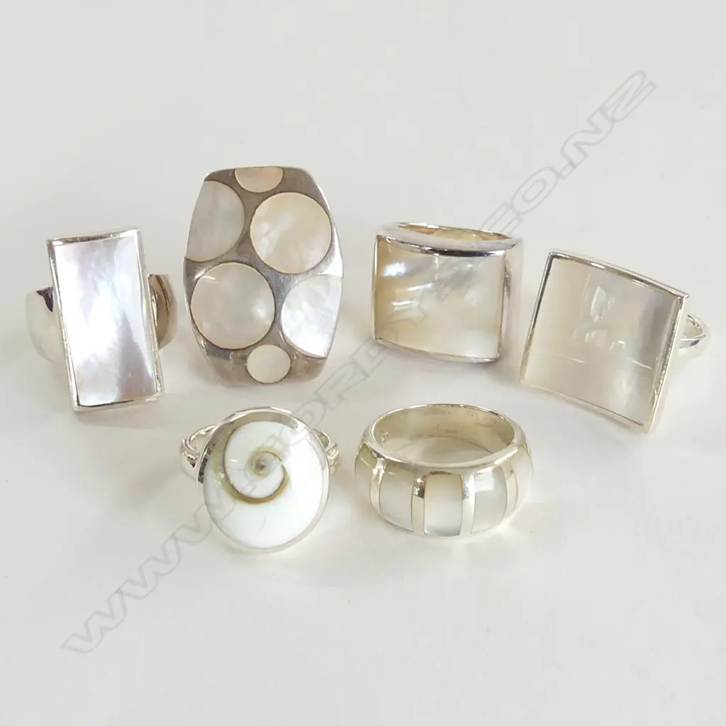 6 SILVER MOP SET DRESS RINGS, NEW Image 1++