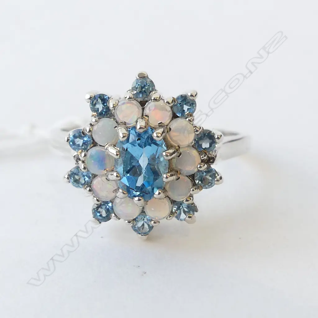 SILVER, BLUE TOPAZ & OPAL RING 4.4gms  SIZE V Image 1++