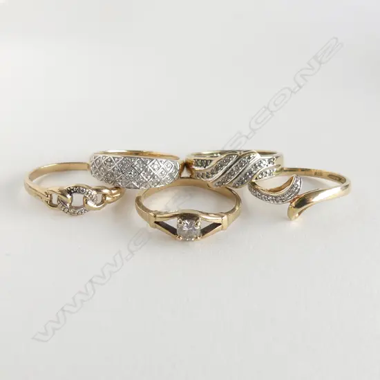 5 9CT RINGS, SOME SMALLER DIAMONDS 9.1gms