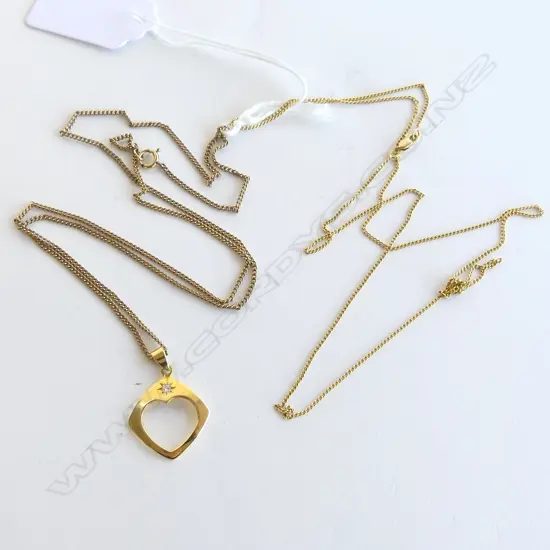 18ct DIAMOND PENDANT 1.8gms ON PLATED CHAIN + 14CT NECKLACE 2.2gms