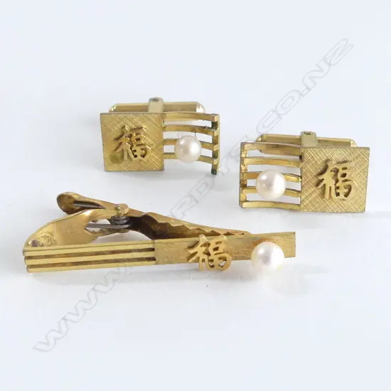 PR 14CT CUFFLINKS + TIE PIN 10.9gms