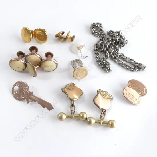 9ct 21st KEY BROOCH, CUFFLINK 4.4gms + ASST. STUDS ETC