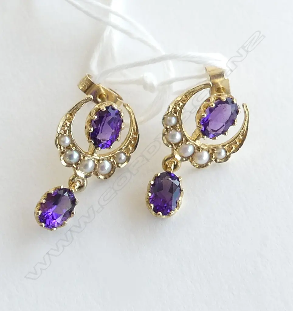 PR 14CT YELLOW GOLD & AMETHYST DROP EARRINGS the crescent form set with seed pearls Image 1++
