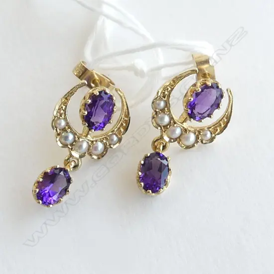 PR 14CT YELLOW GOLD & AMETHYST DROP EARRINGS the crescent form set with seed pearls