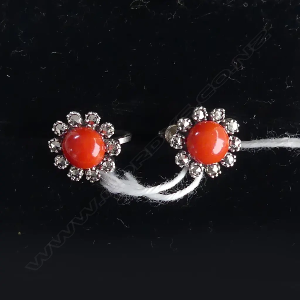 .835 SILVER  CORAL & MARCASITE  SCREW ON EARRINGS Image 1++